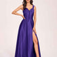 Satin V-neck A-line Prom Dresses Side slit Floor Length