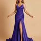 Sexy Satin Mermaid Open Back Prom Dresses Spaghetti Straps V-neck Side Slit