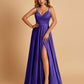 Satin A-line Long Prom Dresses Spaghetti Straps V-neck Side Slit Floor Length