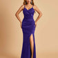 Sexy Satin Mermaid Prom Dresses Spaghetti Straps V-neck Side Slit Floor Length