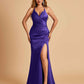 Sexy Satin Mermaid Long Prom Dresses Spaghetti Straps Sweetheart Side Slit Criss-cross Back