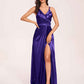 Sexy Satin A-line Prom Dresses Spaghetti Straps Side Slit V-neck Floor Length