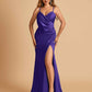Sexy Satin Sheath Bridesmaid Dresses Spaghetti Straps V-neck Side Slit Floor Length