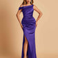 Unique Satin One Shoulder Prom Dresses Side Slit Half Open Back Floor Length