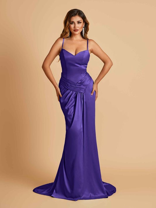 Satin Mermaid Sweetheart Bridesmaid Dresses Spaghetti Straps With Pleats Floor Length