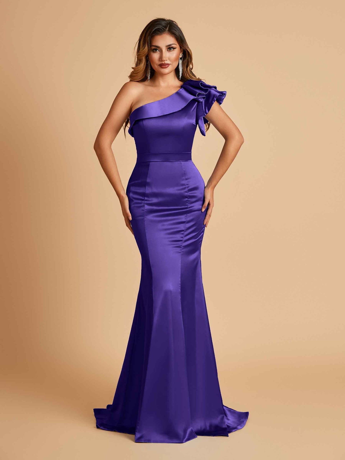 Satin One-shoulder Bridesmaid Dresses Ruffle Sleeves Mermaid Floor Length For Sale