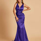 Sexy Satin Criss-cross Back Prom Dresses Mermaid Deep V-neck Back Pleats Floor Length