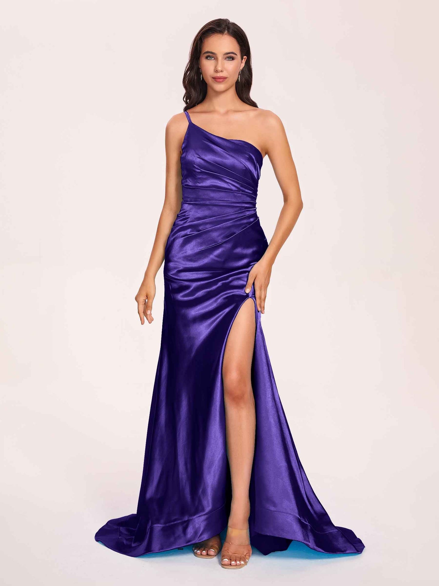 Satin One-shoulder Mermaid Prom Dresses Side Slit Pleats Floor Length