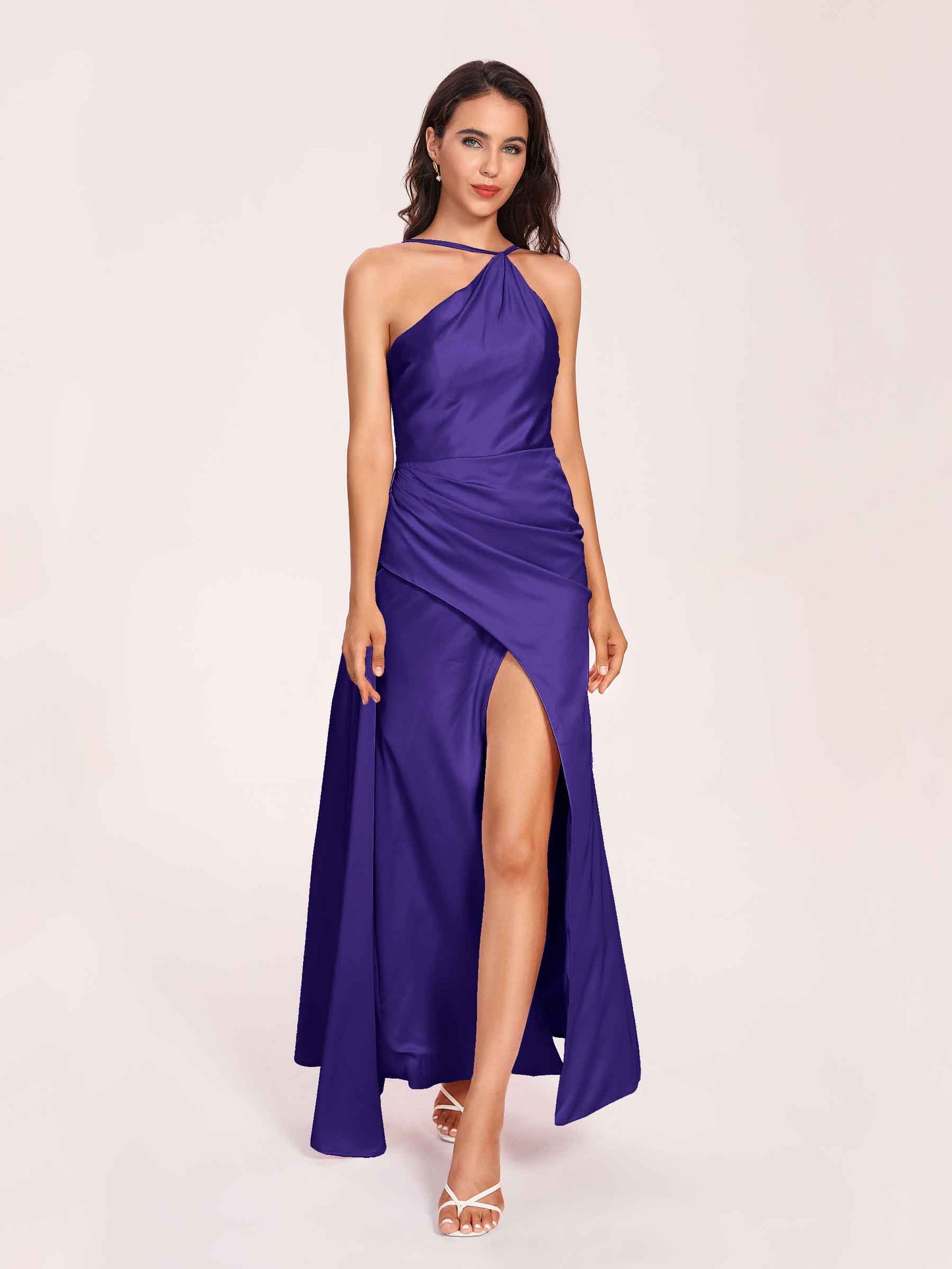 Sexy Satin Halter Strap Sheath Bridesmaid Dresses Side Slit Pleats Floor Length