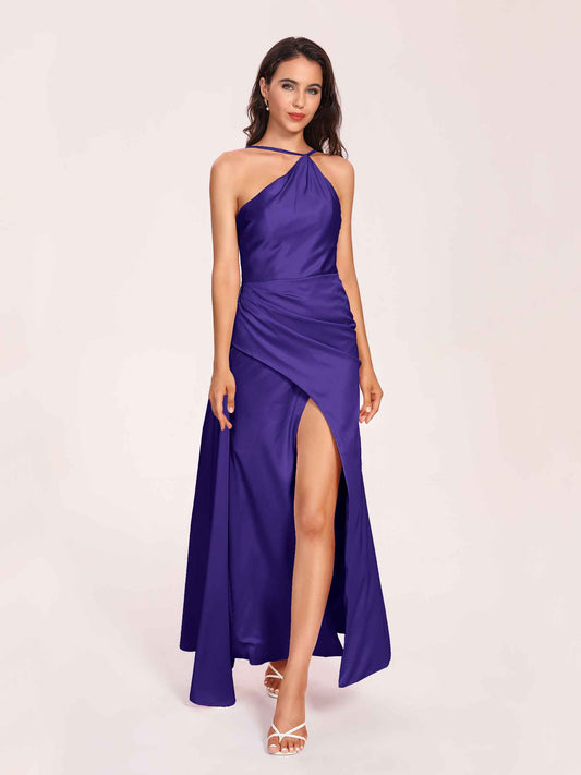 Sexy Satin Halter Strap Sheath Bridesmaid Dresses Side Slit Pleats Floor Length
