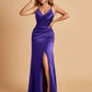 Sexy Satin Sheath Bridesmaid Dresses Spaghetti Straps V-neck Side Slit Pleats Floor Length For Sale