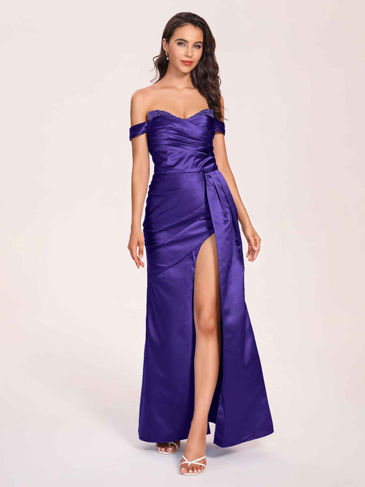 Elegant Satin Off Shoulder Bridesmaid Dresses Side-slit Sweetheart Floor Length Sheath