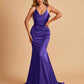 Sexy Satin Mermaid Prom Dresses Spaghetti Straps V-neck Pleats Floor Length