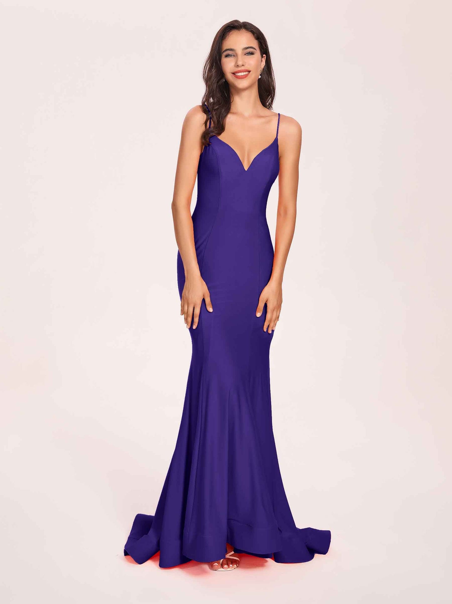 Sexy Satin Mermaid Prom Dresses Spaghetti Straps V-neck Floor Length Lace-up Back
