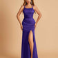 Satin Mermaid Long Prom Dresses Spaghetti Straps Scoop Side Slit Criss-cross Back