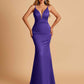Satin Deep V-neck Mermaid Prom Dresses Open Back Floor Length