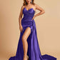 Sexy Satin Corset Prom Dresses Sweetheart Side Slit With Train Floor Length