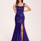 Sexy Satin Square Mermaid Bridesmaid Dresses Pleats Side-Slit Floor-Length Sleeveless