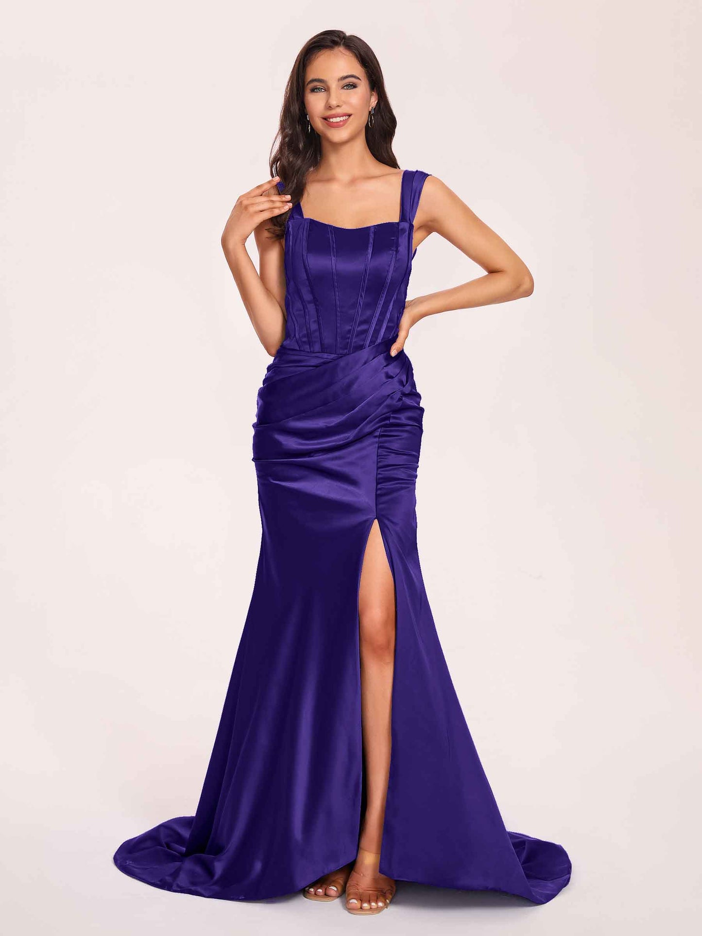 Sexy Satin Square Mermaid Bridesmaid Dresses Pleats Side-Slit Floor-Length Sleeveless