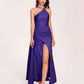 Sexy Satin Halter Strap Sheath Prom Dresses Side Slit Pleats Floor Length