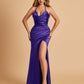 Sexy Satin Halter Straps Sheath Prom Dresses Side Slit Pleats Floor Length
