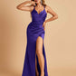 Satin Spaghetti Straps Long Prom Dresses V-neck Side Slit Criss-cross Back Sheath