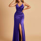 Sexy Satin Sheath Bridesmaid Dresses Spaghetti Straps V-neck Side Slit Pleats Floor Length