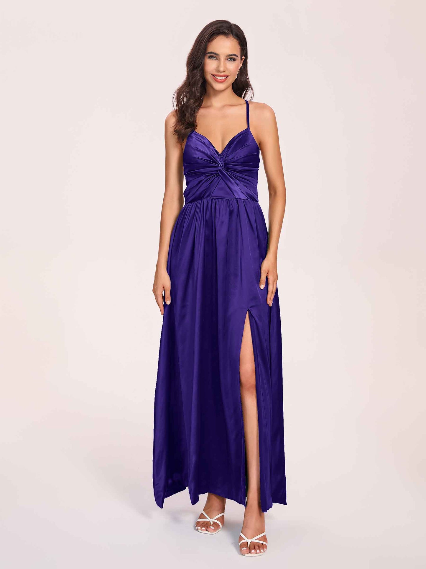 Satin Spaghetti Straps A-line Bridesmaid Dresses Side Slit Floor Length