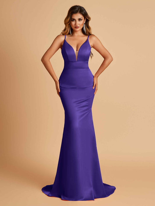 Satin Deep V-neck Mermaid Bridesmaid Dresses Open Back Floor Length