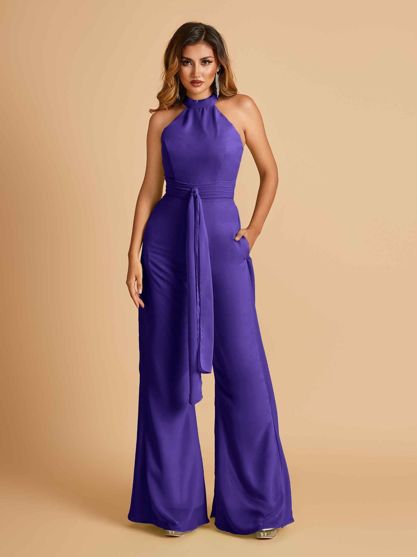 Chiffon Bridesmaid Jumpsuit Jewel Neck Sleeveless Floor Length With Pockets