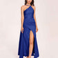 Sexy Satin Halter Strap Sheath Bridesmaid Dresses Side Slit Pleats Floor Length
