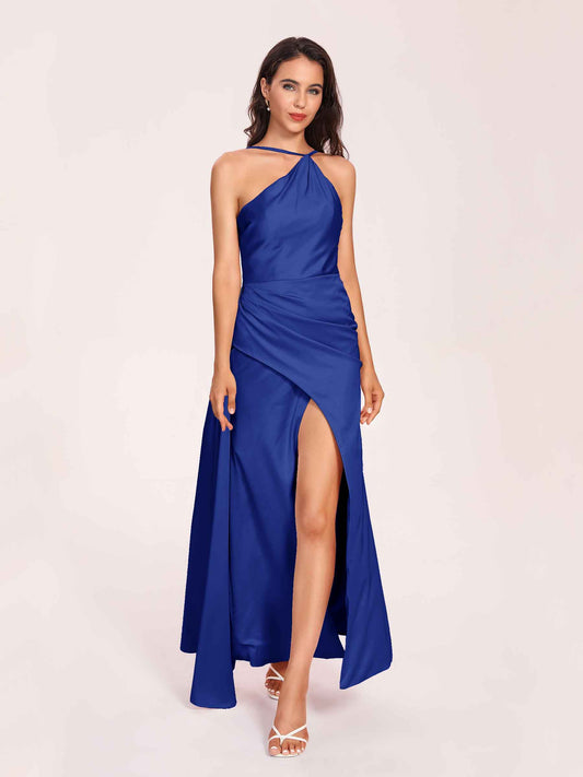 Sexy Satin Halter Strap Sheath Bridesmaid Dresses Side Slit Pleats Floor Length