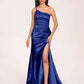 Satin One-shoulder Mermaid Prom Dresses Side Slit Pleats Floor Length