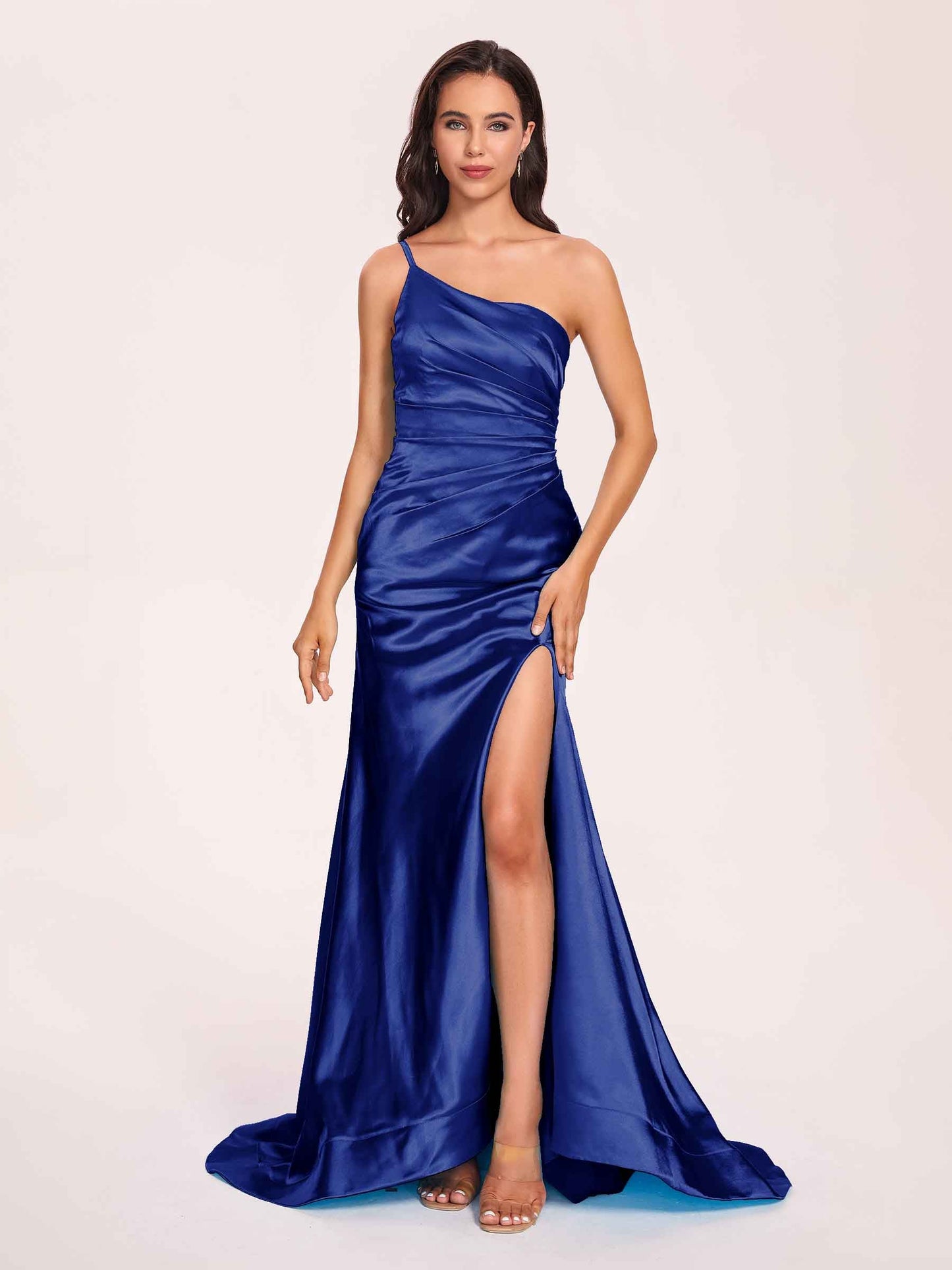 Satin One-shoulder Mermaid Prom Dresses Side Slit Pleats Floor Length