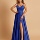 Satin A-line Long Prom Dresses Spaghetti Straps V-neck Side Slit Floor Length