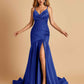 Sexy Satin Mermaid Open Back Prom Dresses Spaghetti Straps V-neck Side Slit