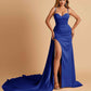 Sexy Satin Sheath Prom Dresses Spaghetti Straps Sweetheart Side Slit With Train
