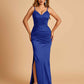 Satin Mermaid Long Bridesmaid Dresses Spaghetti Straps V-neck Side Slit Floor Length