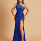 Unique Satin One Shoulder Sheath Bridesmaid Dresses Open Back Side Slit Floor Length