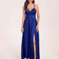 Satin Spaghetti Straps A-line Bridesmaid Dresses Side Slit Floor Length
