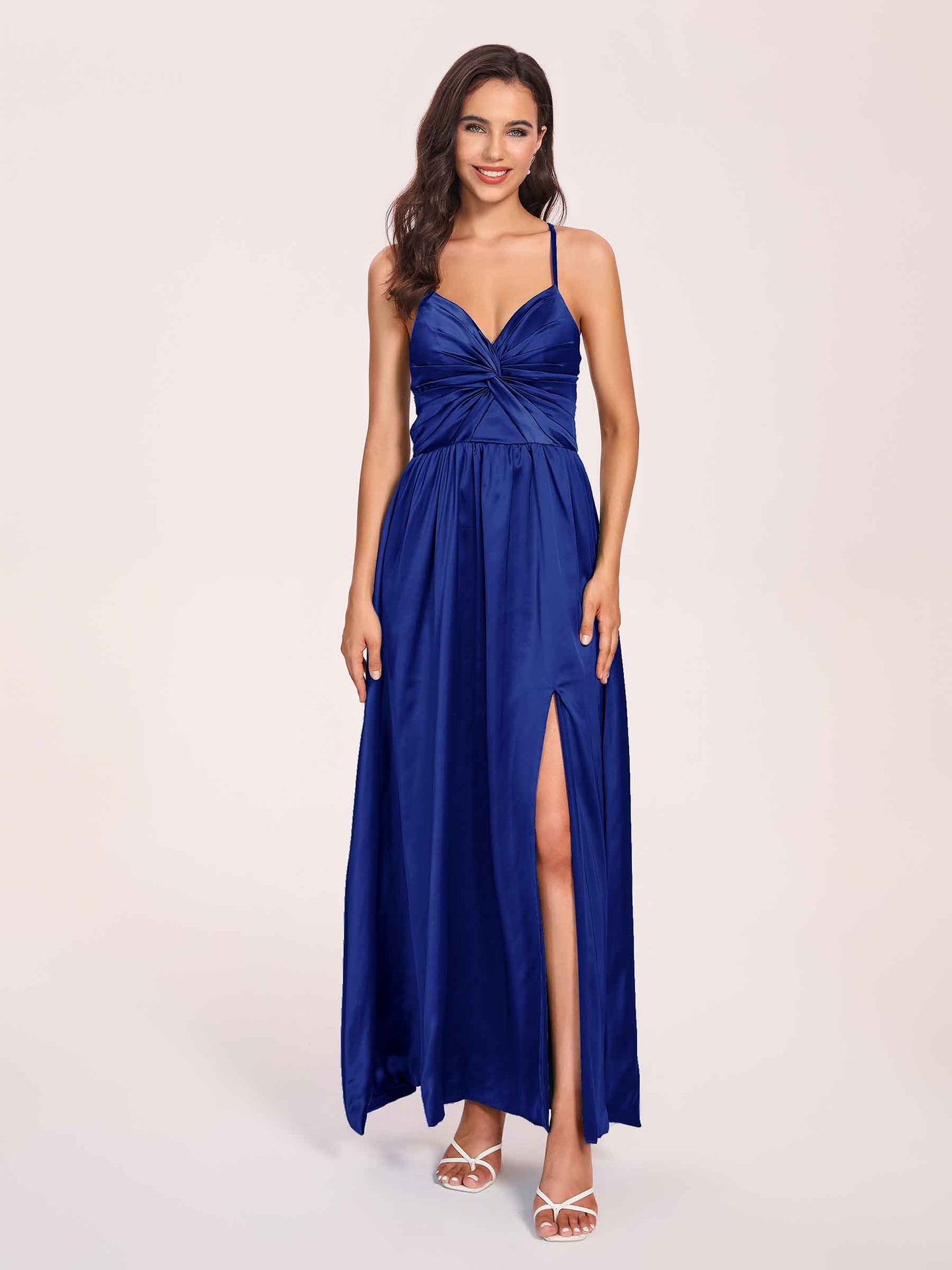 Satin Spaghetti Straps A-line Bridesmaid Dresses Side Slit Floor Length