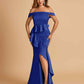 Satin Mermaid Off Shoulder Bridesmaid Dresses With Ruffles Side Slit Floor Length