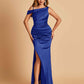 Unique Satin One Shoulder Prom Dresses Side Slit Half Open Back Floor Length