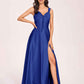 Satin V-neck A-line Prom Dresses Side slit Floor Length