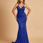 Satin Mermaid Open-back Prom Dresses Spaghetti Straps V-neck With Pleats Floor Length