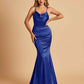 Satin Mermaid Open Back Prom Dresses Spaghetti Straps Scoop Floor Length