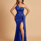 Satin One Shoulder Mermaid Bridesmaid Dresses Side Slit Floor Length