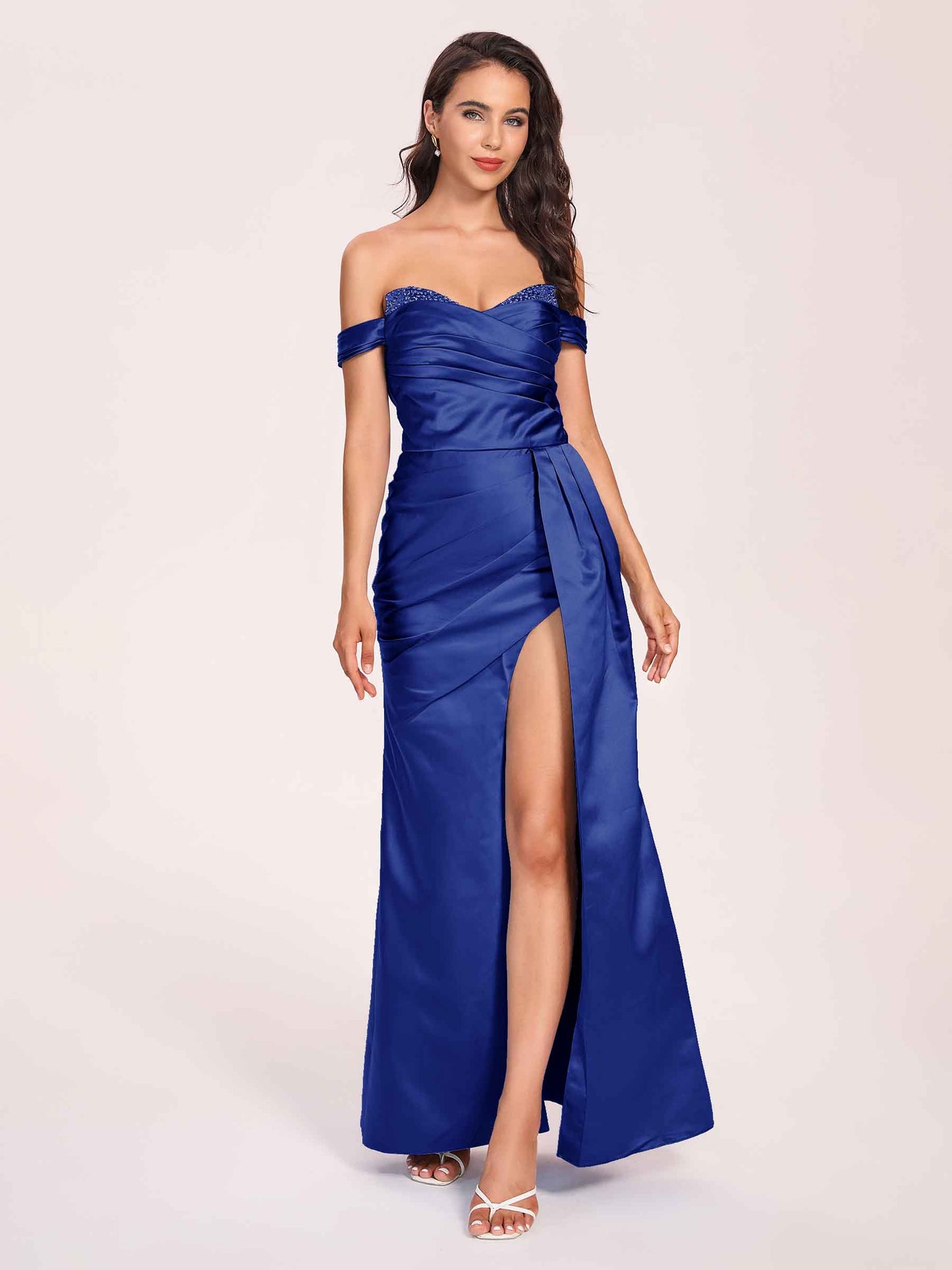 Elegant Satin Off Shoulder Bridesmaid Dresses Side-slit Sweetheart Floor Length Sheath