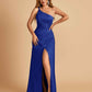 Satin One Shoulder Sheath Prom Dresses Spaghetti Straps Side Slit Floor Length