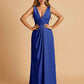 Sexy Satin Deep V-neck Long Bridesmaid Dresses A-line Pleats Sleeveless Floor Length